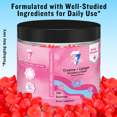 Pink creatine and collagen supplement container with red sugar-free gummies on a light blue background.