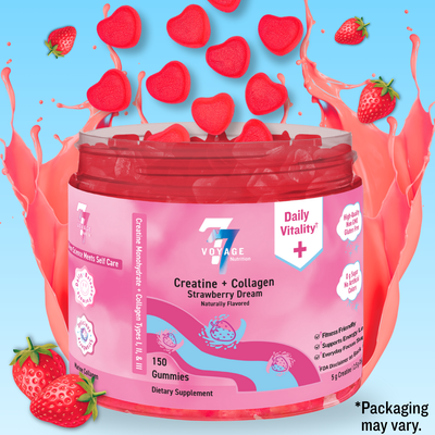 Pink creatine and collagen supplement jar with the lid opened. There are fresh strawberries and a pink splash in front of a blue background to showcase its tasty strawberry flavor.