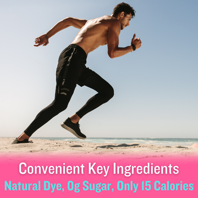 Man running on a beach with text about product ingredients showing these creatine gummies with collagen have 0g sugar, only 15 calories, and are made with natural colors.