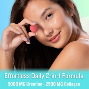 Woman with brown hair and purple nails holding a pink creatine gummy with collagen on a blue background. White text at the bottom shows this product has a 2 in 1 formula with 5000 mg creatine and 2500 mg collagen.