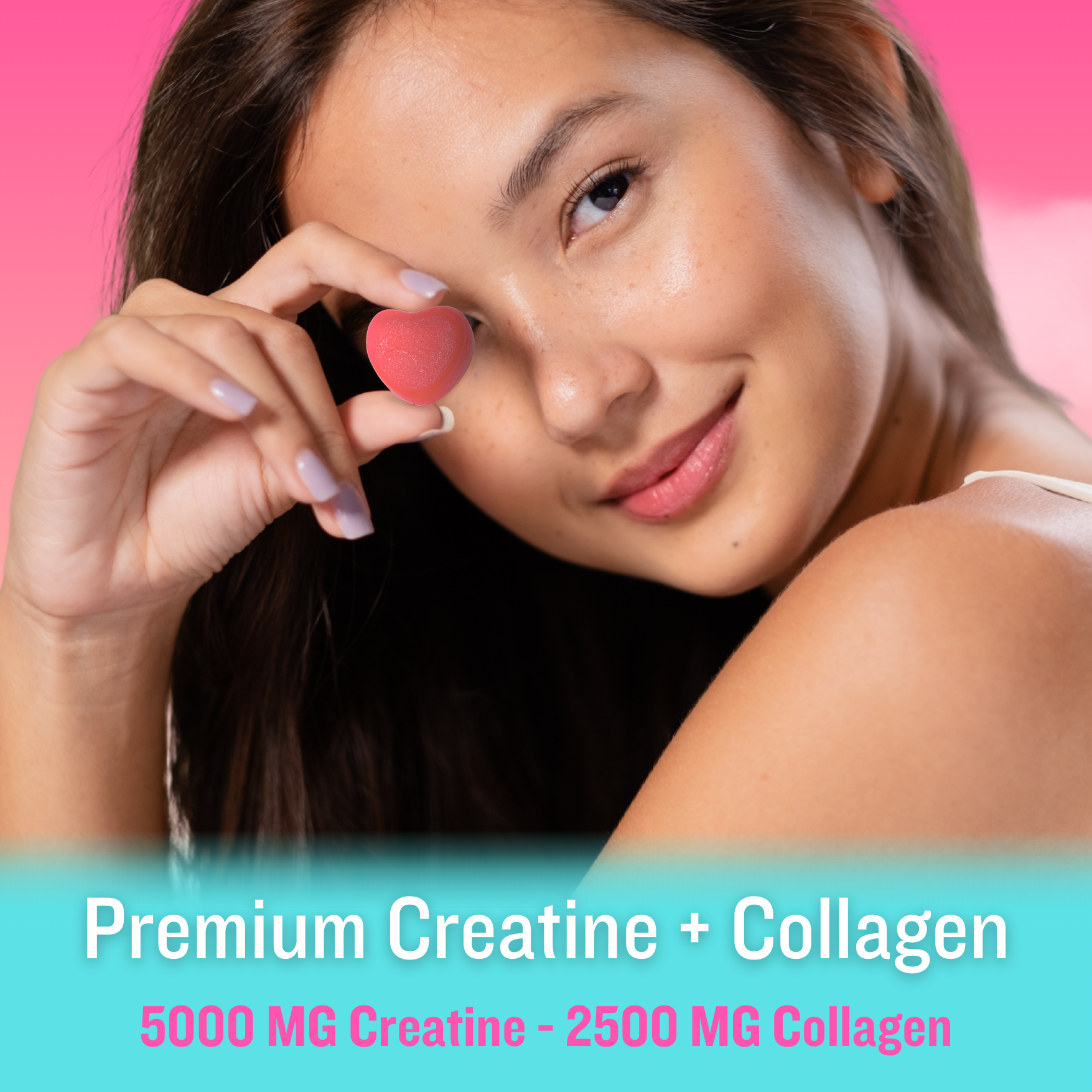Woman holding a pink heart-shaped creatine gummy with text about the product containing 5 grams of creatine monohydrate and 2.5 grams of collagen on a blue gradient background.