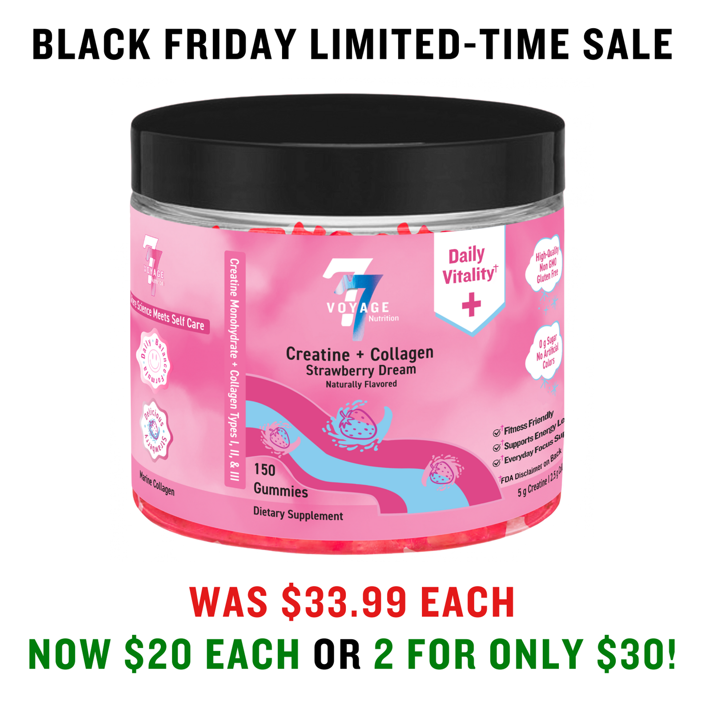 Pink container of Voyage 77 creatine and collagen gummies with promotional text on a white background.