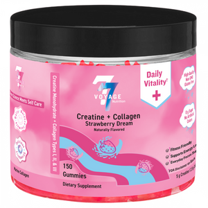 Pink container of Voyage 77 Nutrition Creatine + Collagen gummies with a black lid and a white background.