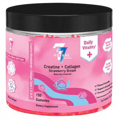 Pink container of Voyage 77 Nutrition Creatine + Collagen gummies with a black lid and a white background.