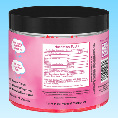 Pink creatine and collagen supplement container with nutrition facts label on a blue background.