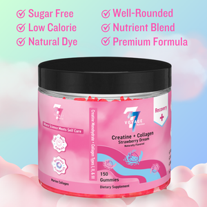 Pink creatine and collagen supplement jar with black lid on a colorful background. Product highlights, including natural coloring, low sugar content, and key ingredients, are listed in pink font.