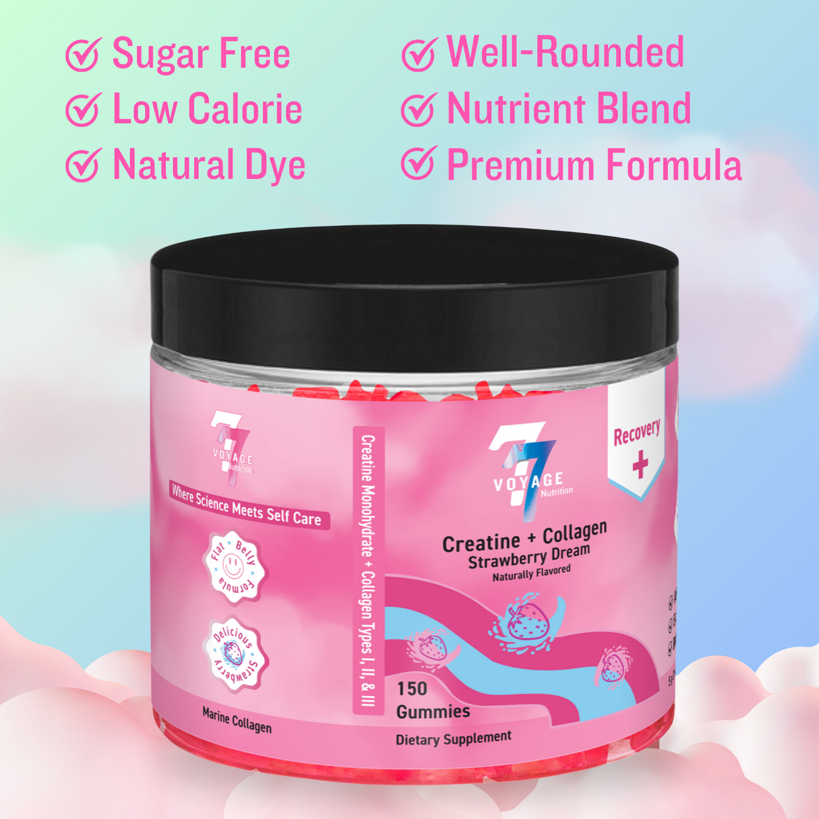 Pink creatine and collagen supplement jar with black lid on a colorful background. Product highlights, including natural coloring, low sugar content, and key ingredients, are listed in pink font.