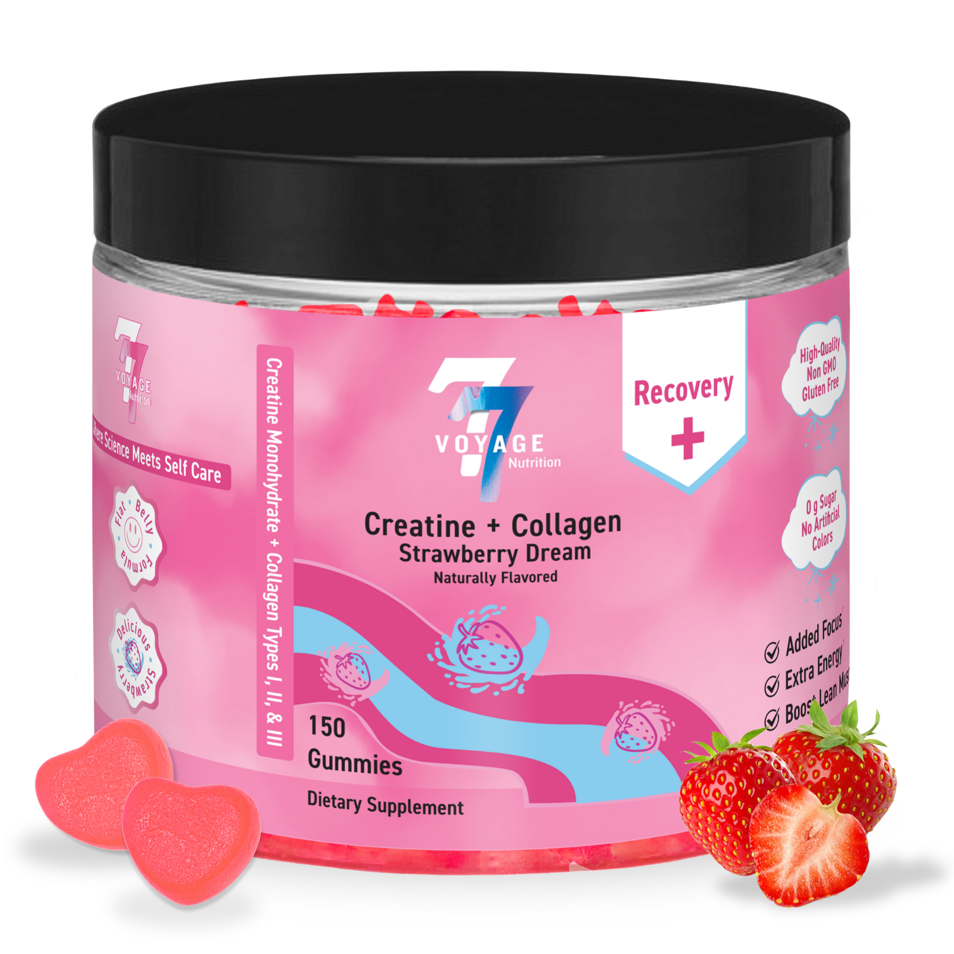 Pink container of Voyage 77's Creatine Monohydrate Gummies with marine collagen surrounded by strawberries and heart-shaped gummies on a white background.