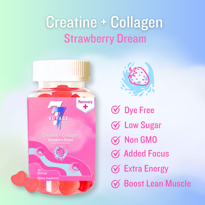 2-in-1 Creatine and Collagen Gummies (Dye Free, Creatine Monohydrate + Collagen Types l, ll, and lll Chews)- Strawberry Flavor