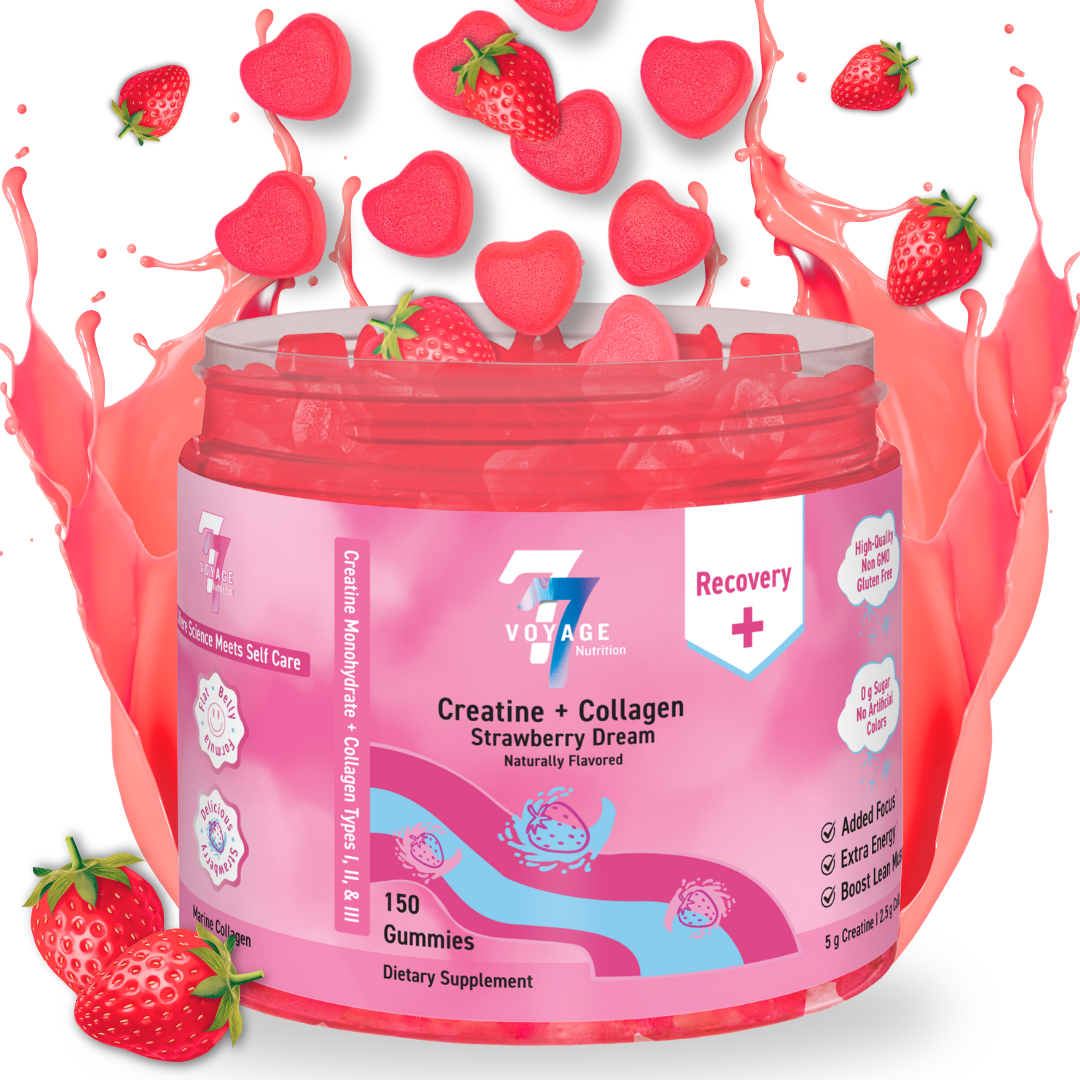 Collagen gummies with creatine surrounded by fresh strawberries and a splash of strawberry juice on a white background.