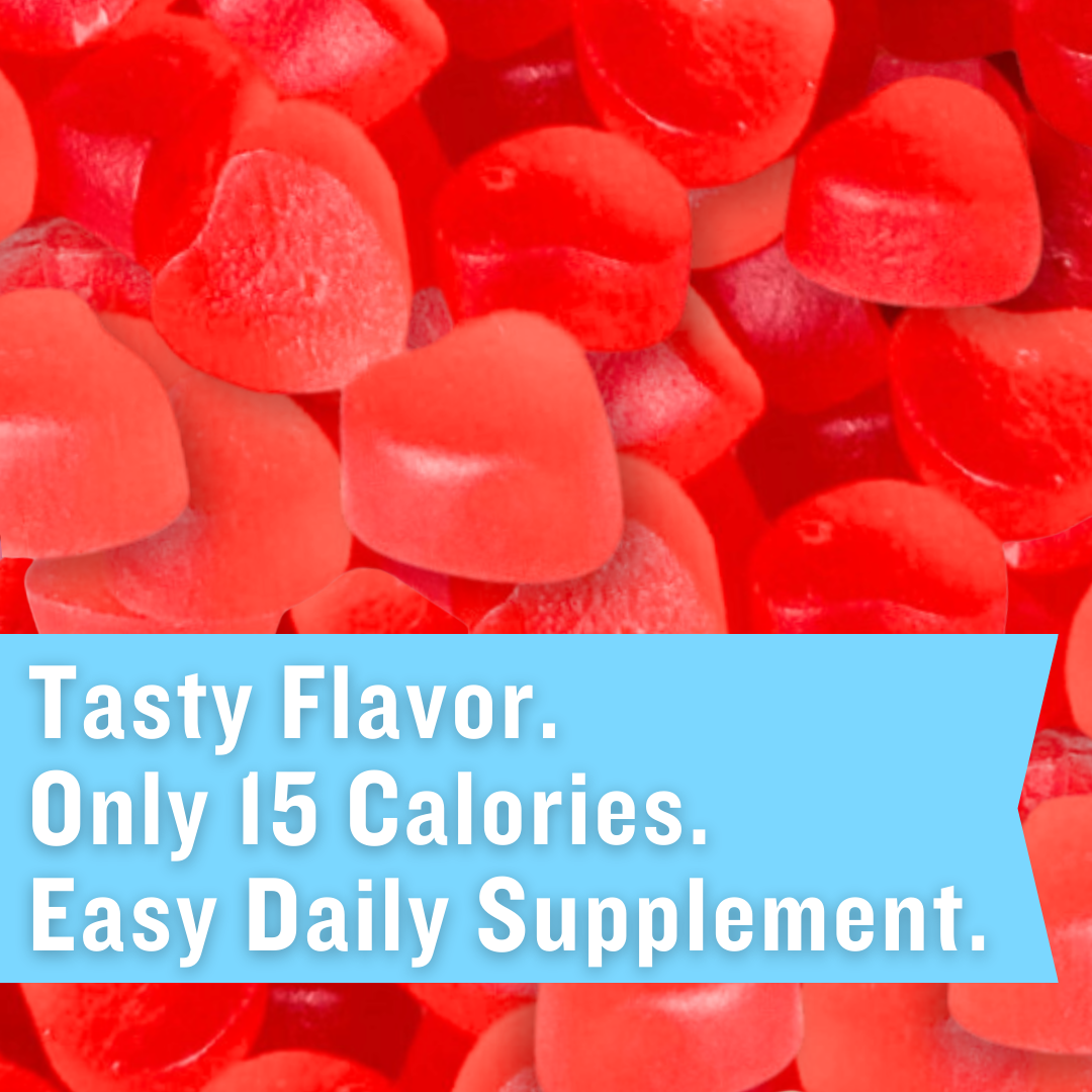 Closeup of soft, red, heart-shaped creatine monohydrate gummies with collagen. Bright blue text box states that this creatine supplement is made with high-quality ingredients for daily use.