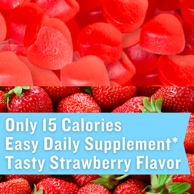 Close-up of creatine and collagen gummies on top and fresh strawberries on the bottom half of the image. A blue banner showcases the product benefits such as tasting good and only having 15 calories.